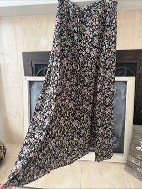 Winter Kate Vintage 100 SILK Black Floral hippie long Skirt Pink & Cream Blooms